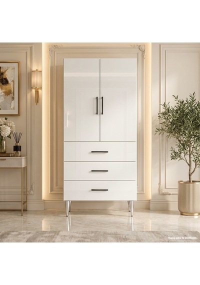 Monaco Çok Amaçlı Dolap 60 Cm 2 Kapak 3 Çekmece Parlak Beyaz - Çok Amaçlı Banyo Dolabı Gri