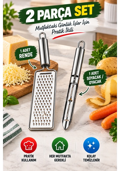 2'li Set Paslanmaz Çelik Rende Ve Soyacak Oyacak Peynir Sebze Patates Limon Çikolata Mutfak Gereci Gümüş