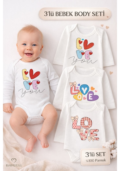 Babyden's Love Temalı 3 Lü Bebek Body Seti %100 Pamuk Uzun Kollu Çıtçıtlı Bebek Zıbını Unisex Beyaz