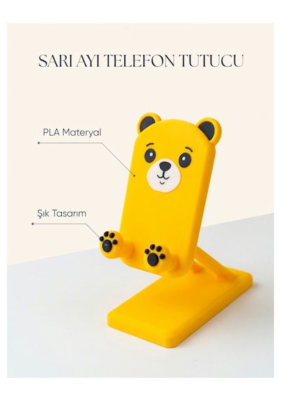 Pati Ve Ayı Tasarımlı Sevimli Telefon Standı - Sarı - Çocuklara/hayvanseverlere