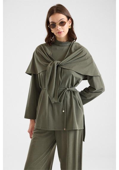 Olcay Şal Aksesuarlı Premium Kumaş Tunik Pantolon Haki 9470-tk