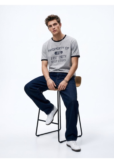 LTB Varsity Baskılı Biye Detaylı Relaxed Fit Gri T-shırt