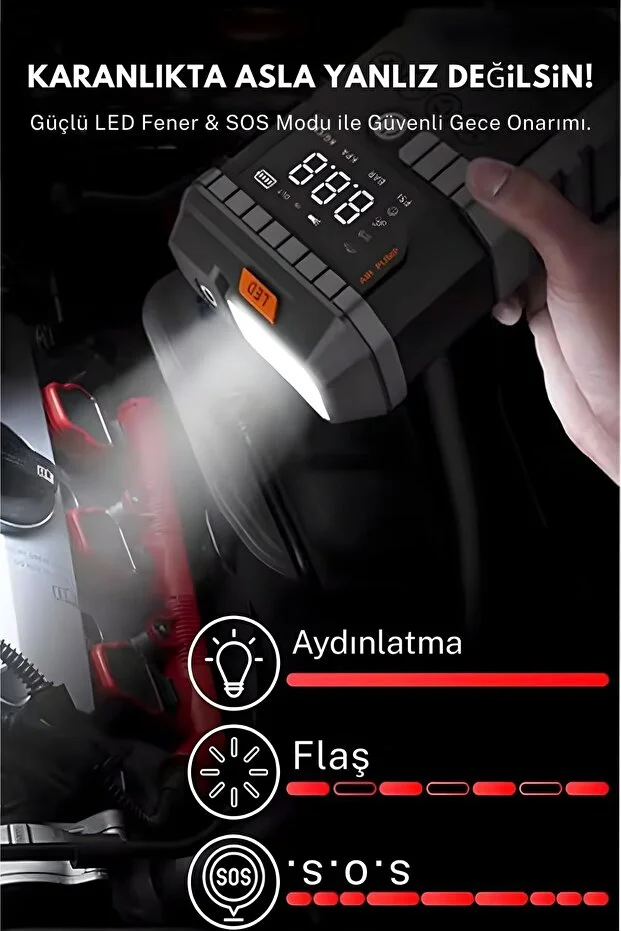 12000mah 4'ü 1 Arada Araç Akü Takviye Cihazı - Hava Kompresörü, Kablosuz Jump Starter & Powerbank