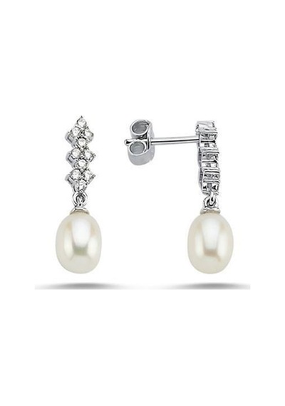 7,5 Mm Zirkon Taşlı Doğal İnci Küpe Beyaz Beyaz