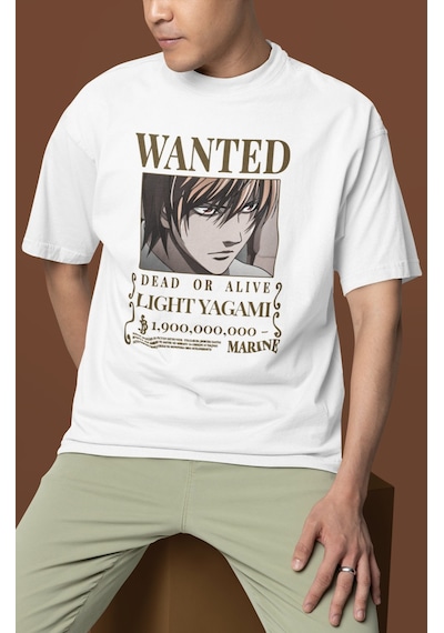 Wanted Dead Or Alive Yagami Light Baskılı Unisex Oversize Death N Beyaz