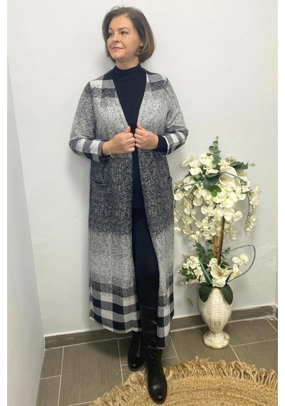 Mia Butik Büyük Beden Gri Desenli Uzun Hırka Gri