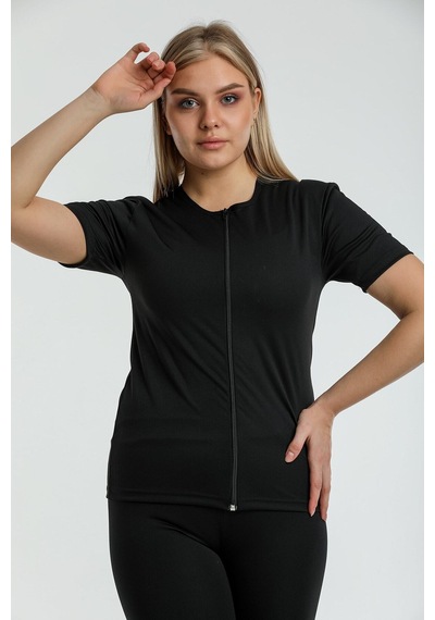 Fit Women Termal Vücut Sauna Kısa Kollu Fermuarlı Korse 4414 Açık Siyah