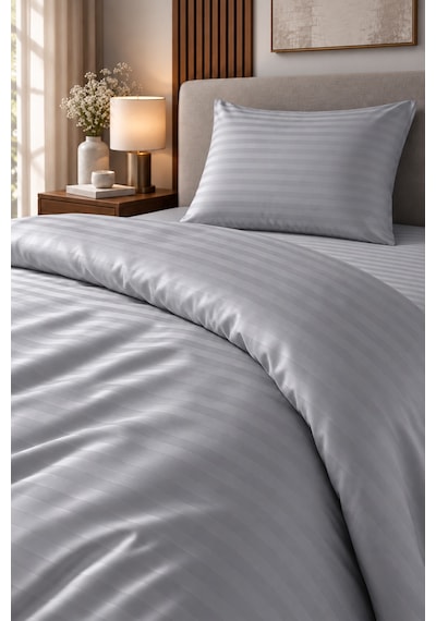 Premium Çizgili Pamuk Saten Tek Kişilik Nevresim Takımı Yastık Kılıfı Çarşaf Dahil Açık Gri