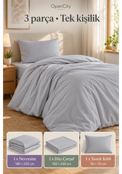 Gri Tek Kişilik Nevresim Takımı 3 Parça Düz Renk 160x220 Nevresim Çarşaf Yastık Kılıfı Sade Tasarım