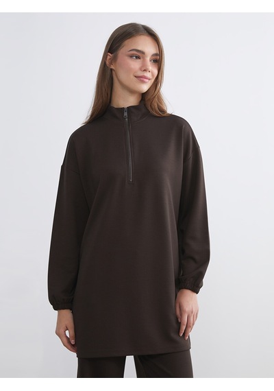 Lcw Modest Kahverengi Dik Yaka Oversize Kadın Sweatshirt Tunik