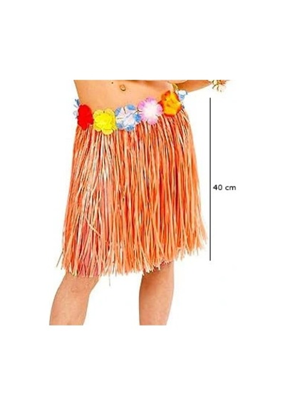 Yetişkin Çocuk Uyumlu Turuncu Renk Püsküllü Hawaii Luau Hula Etek 40 Cm