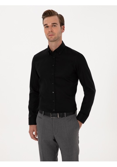 Cacharel Siyah Slim Fit %100 Pamuk Yakası Düğmeli Oxford Gömlek