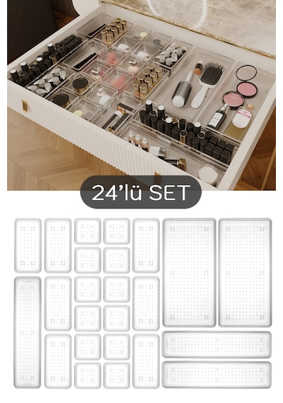 Meleni Home 24'lü Set - Modüler Çekmece İçi Masaüstü Düzenleyici - Takı Organizer Şeffaf