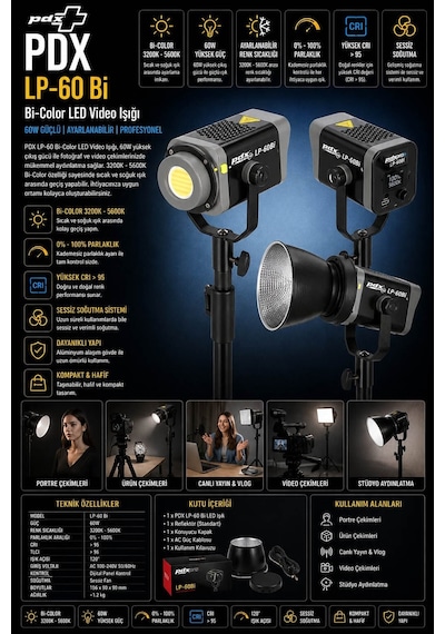 Pdx Lp-60 Bi-color Led Video Işığı 60w Ayarlanabilir Işık