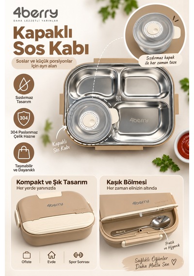 4 Bölmeli Yemek Termosu 1500 Ml Paslanmaz Çelik, Sızdırmaz, Kaşıklı Ve Sos Kaplı Beslenme Kutusu Kahverengi