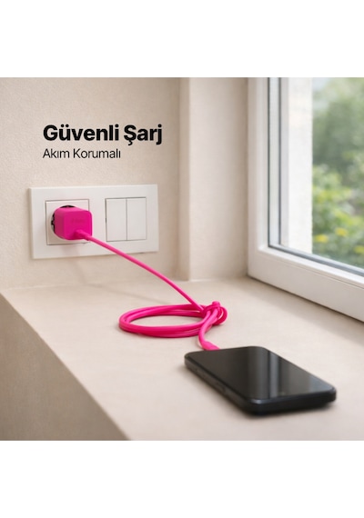 Ttec Smartcharger Gan 45W Avs PD Seyahat Hızlı Şarj Aleti + USB-C - USB-C 3A 120 CM Kablo Neon Pembe