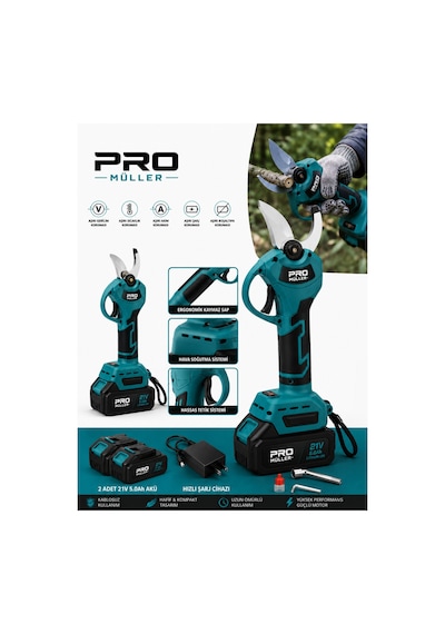 Pro Müller Professional Çift Akülü Profesyonel Ağaç Odun Dal Kesme Makinası Şarjlı Budama Makası
