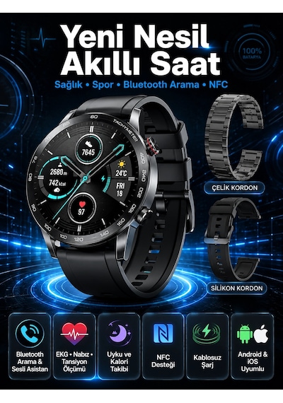 Mey İthalat Suya Dayanıklı Dokunmatik Akıllı Saat Bluetooth 5.0, Sesli Asistan Ve Sağlık Takibi