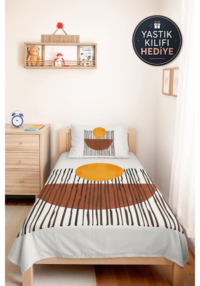 Geometrik Boho Hardal Genç Odası Tek Kişilik Pike Takımı - Kiremit Siyah 160x220 Cm Yatak Örtüsü Keten Bozkır Gölgesi