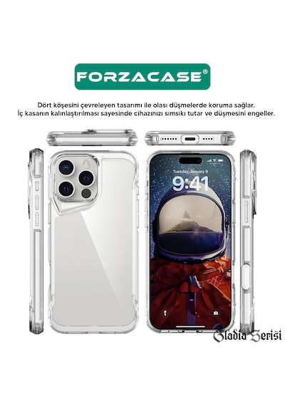 Forzacase Apple Uyumlu iPhone 17 Pro Max İle  Gladia Serisi Kamera Köşe Korumalı Sert Plastik Şeffaf Kılıf Şeffaf