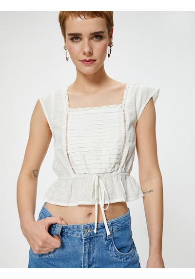 Koton Crop Kolsuz Bluz İşlemeli Bağlama Detaylı Pamuklu Beyaz 4sal60114ıw Beyaz