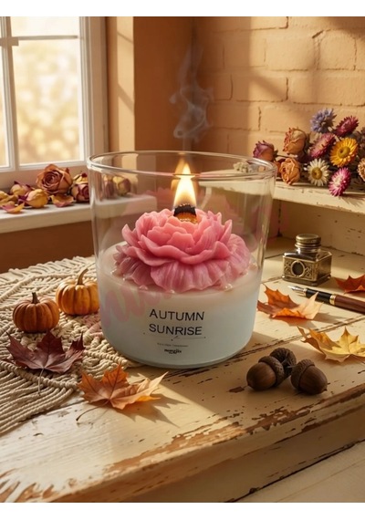 Mumelia Autumn Sunrise Şakayık Figürlü - Doğal Soya Cam Kavanoz Tasarım Mum - Pembe