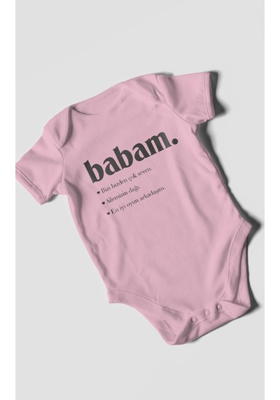 Babam Baskılı Bebek Zıbını Çıtçıtlı Body 8 Renk %100 Pamuk Kısa Kol Koyu Pembe