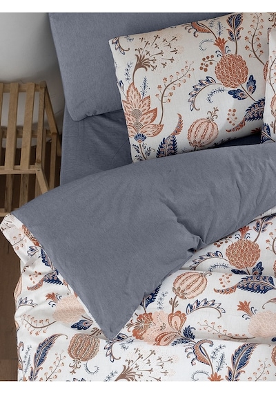 Mystory Home Etro Lastikli Çarşaflı Çift Kişilik Nevresim Takımı Indigo - Kahverengi