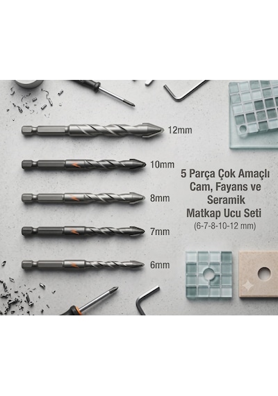 Çok Amaçlı Cam Ve Seramik Matkap Ucu Seti, 5 Parça, 6-7-8-10-12 Mm