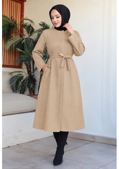 Nevayla Moda Kuşaklı Süet Kumaş Kap Bej