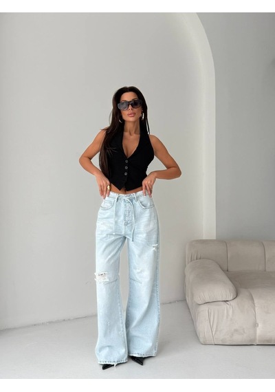 Bağlama Detaylı Yüksek Bel Bol Paça Açık Denim Jean Bebe Mavi