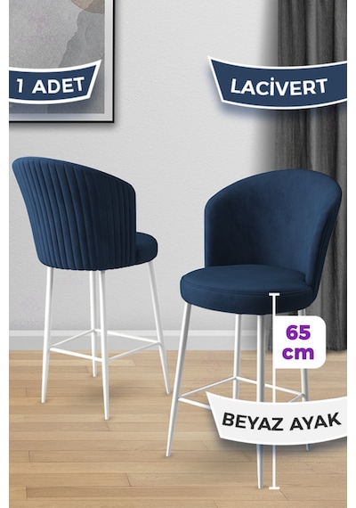 Canisa Alte Serisi 1 Adet 65 Cm Lacivert Ada Mutfak Bar Sandalyesi Babyface Kumaş Beyaz Metal Ayaklı Lacivert Sandalye Beyaz Ayak