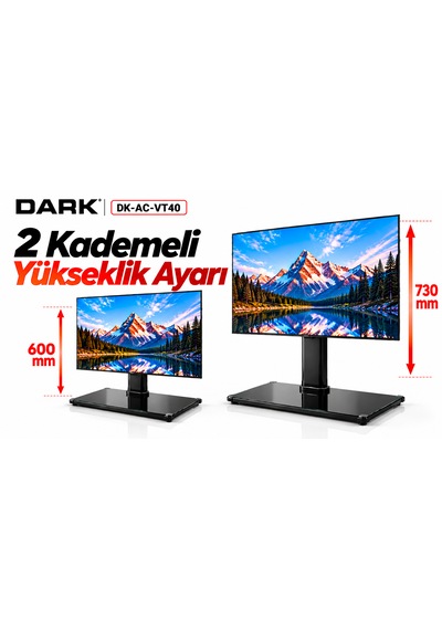 Dark Dk-ac-vt40 32"-65"50kg Ayarlanabilir Masaüstü Tvstandı 3 Kademeli Yükseklik Siyah Temperli Cam