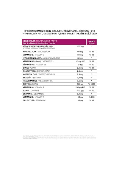 Bioxcin Women's Skin 30 Tbl - Glutatyon, Elastin, Biotin, Çinko, Kolajen, Hya Asit, Magnezyum, Cilt Vitamini