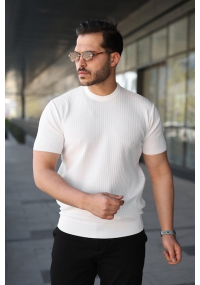 Efnaz Style Erkek Bisiklet Yaka Petek Dokulu Kısa Kollu Triko Tişört Beyaz