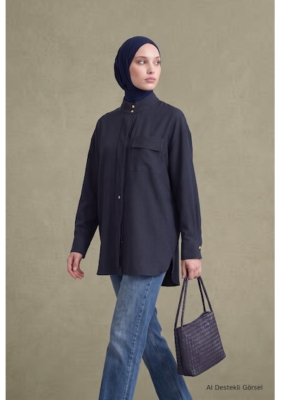 Avenna Dik Yaka Uzun Form Cep Detaylı Tunik 81 Cm Boy Lacivert 26kt434