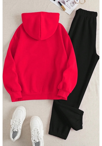 Uyguntarz Unisex Uykucu Panda Baskılı Rahat Eşofman Takımı Kırmızı