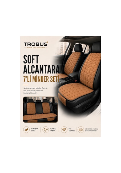 Opel Astra 2000-2004 Üniversal Soft Alkantra Kare Desen 7 Parça Oto Koltuk Minderi Taba