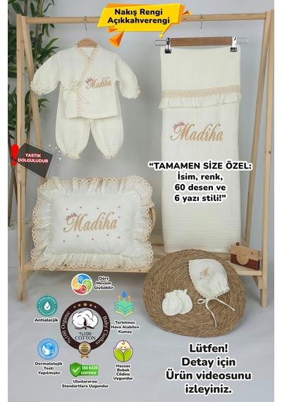 Gros Shop Müslin Yeni Doğan 4katlı Organik %100pamuk Kişiye Özgü Nakışlı Hastane Çıkış Seti Papatya Model-10 Ekru