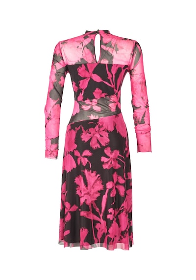 Explosion Uzun Kol Midi Şeffaf Elbise - Çiçek Desenli - Bohemian Stil Fuşya