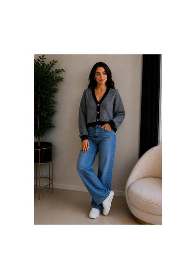 Hira Life Fashion Kadın V Yaka Düğmeli Şeritli Kısa Crop Ceket-hırka Antrasit Antrasit