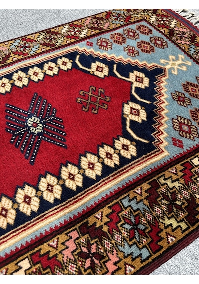 El Dokuma Yağcıbedir Halısı 85x140 Turkuazlı Kök Boya Yün Halı Turkuaz