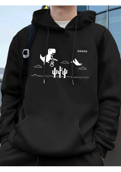 Startmore Tarzsokak Dinozorlar Kaktüs Üzerinde Baskılı Erkek Kapüşonlu Üstü Sonbahar Cepli Sweatshirt Temel Polar Siyah