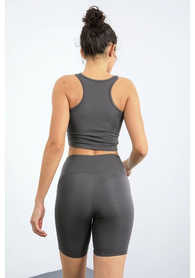 Tommylife Koyu Gri Yüksek Bel Toparlayıcı Dar Kalıp Crop Biker Kadın Tayt Takım - 95302