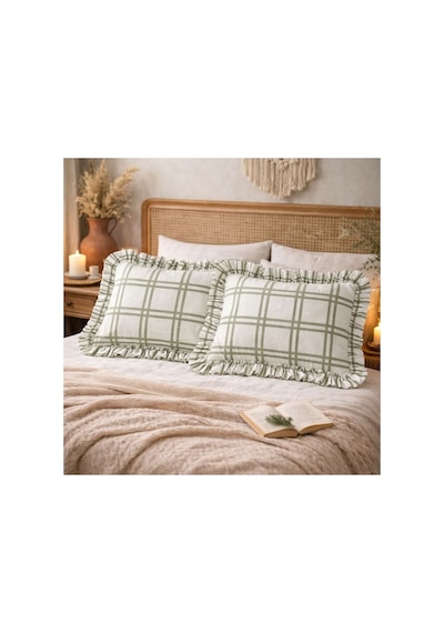 Fırfırlı Yastık Kılıfı 2 Li Set Tek Kişilik %100 Organik Pamuk 50x70 Cm 8 Farklı Desen Seçenekli Beyaz Ekose