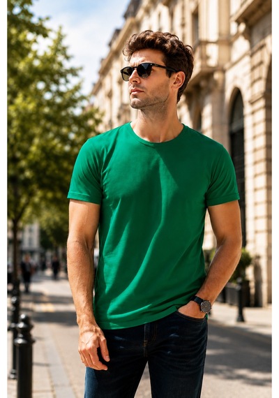 Luxıc Core Erkek Slim Fit Yeşil Bisiklet Yaka Pamuk Penye Günlük Rahat Basic Tişört