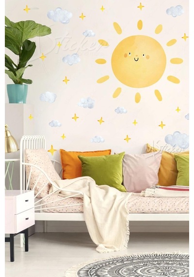 Sevimli Güneş Bulutlar Ve Yıldızlar Soft Renklerde Çocuk Bebek Odası Sticker Seti