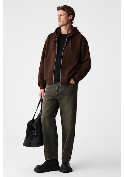 Grimelange Ashby Erkek Kapüşonlu Fermuarlı Cepli Kordonlu Boxy Kalıp Acı Kahve Sweatshirt Acı Kahverengi