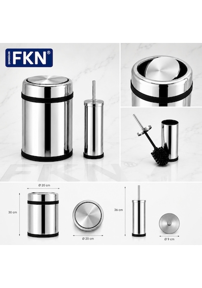 Fkn Krom Banyo Çöp Kovası Ve Klozet Fırçası Seti Paslanmaz Çelik 8 Litre