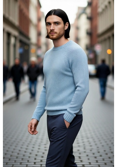 Frm Erkek Mavi Bisiklet Yaka Fitted Seamless Reglan Kol Akrilik Triko